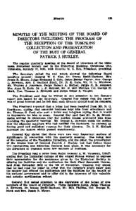 MINUTES OF THE MEETING OF THE BOARD OF DIRECTORS INCLUDING THE PROGRAM OF THE RECEPTION OF THE TOMPKINS COLLECTION AND PRESENTATION OF THE BUST OF GENERAL PATRICK J. HURLEY.