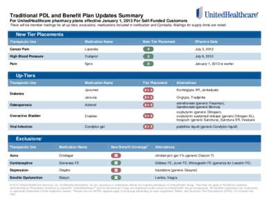 Traditional PDL and Benefit Plan Updates Summary For UnitedHealthcare pharmacy plans effective January 1, 2013 For Self-Funded Customers There will be member mailings for all up-tiers, exclusions, medications included in