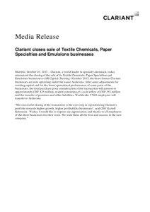 Media Release Clariant closes sale of Textile Chemicals, Paper Specialties and Emulsions businesses