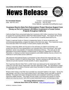 CALIFORNIA DEPARTMENT OF PARKS AND RECREATION  News Release For Immediate Release Date: April 26, 2012