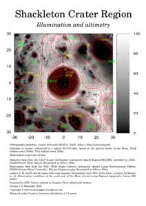 Shackleton Crater Region Illumination and altimetry Orthographic projection. Center (0,0) point 89.65°S, 130°E. 10km x 10km horizontal grid. Altitudes in meters, referenced to a sphere R=1737.4km, based on the gravity 