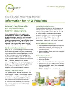 FACT SHEET FOR HHW PROGRAMS SEPTEMBER 2014 Colorado Paint Stewardship Program  Information for HHW Programs