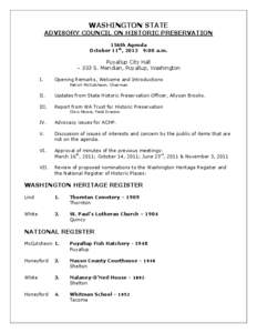 WASHINGTON STATE  ADVISORY COUNCIL ON HISTORIC PRESERVATION 156th Agenda October 11th, 2012 9:00 a.m.