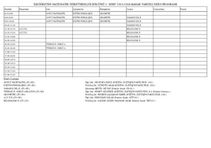 İLKÖĞRETIM MATEMATIK ÖĞRETMENLIĞI BÖLÜMÜ 1. SINIFBAHAR YARIYILI DERS PROGRAMI Saatler Pazartesi  Salı