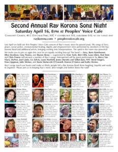 Ray Korona Band and many friends perform Ray’s songs at PVC, AprilRay Korona Band at PVC, AprilSecond Annual Ray Korona Song Night Saturday April 16, 8 PM