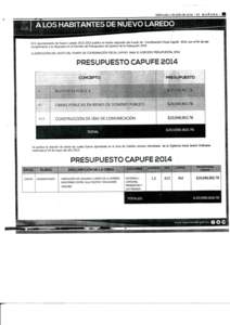 Miércoles 2 de julio de[removed]M A Ñ A N A - 8t A LOS HABITANTES DE NUEVO LAREDO El R. Ayuntamiento de Nuevo Laredo[removed]6 publica el monto asignado del Fondo de Coordinación Fiscal Capufe[removed] , con el