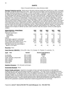 30  BARITE (Data in thousand metric tons, unless otherwise noted) Domestic Production and Use: Barite sales by domestic producers totaled about 400,000 tons in 2002, unchanged from 2001, as was the value at about $12 mil