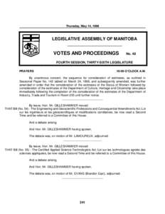 Thursday, May 14, 1998  LEGISLATIVE ASSEMBLY OF MANITOBA __________________________  VOTES AND PROCEEDINGS