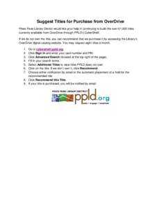 Suggest Titles for Purchase from OverDrive Pikes Peak Library District would like your help in continuing to build the over 61,000 titles currently available from OverDrive through PPLD’s CyberShelf. If we do not own t