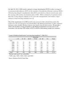 On April 30, 2012, CMS issued a national coverage determination (NCD) to allow coverage of extracorporeal photopheresis (ECP) for the treatment of bronchiolitis obliterans syndrome (BOS) following lung allograft transpla