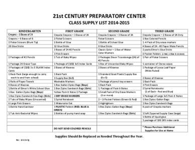 21st CENTURY PREPARATORY CENTER CLASS SUPPLY LIST[removed]KINDERGARTEN Crayons – 5 Boxes of 24 Crayons – 8 Boxes of 8 2 Fiskar Scissors (Blunt Tip)