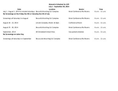 Biometric Schedule for APS July 1 - September 30, 2014 Date Location Rooms July 1 - August 1, 2014 to include Saturdays Bruce & Alice King Ed. Complex