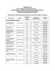 Attachment A List of Locations Previously Serviced Includes Lincoln, Ashland, Omaha, Elkhorn, Papillion, Bellevue, Seward, Tecumseh, Wahoo, York & Geneva Request for Proposal Number 4573Z1 (Information is estimated based