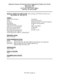 Objection to Issuance of Construction Permit Application for Sanitary Sewer Permit Approval No[removed]Aqua Indiana, Inc. Fort Wayne, Allen County, Indiana 2011 OEA 14, (10-W-J-4380)