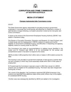 CORRUPTION AND CRIME COMMISSION OF WESTERN AUSTRALIA MEDIA STATEMENT Changes implemented after Commission review[removed]