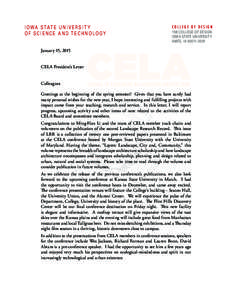 I O W A S T AT E U N I V E R S I T Y OF SCIENCE AND TECHNOLOGY January 15, 2015 CELA President’s Letter Colleagues