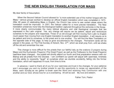 THE NEW ENGLISH TRANSLATION FOR MASS My dear family of Assumption, When the Second Vatican Council allowed for 