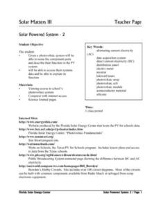 Solar Matters III  Teacher Page Solar Powered System - 2 Student Objective