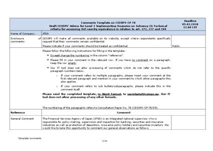 Deadline[removed] CET Comments Template on CEIOPS-CP 78 Draft CEIOPS’ Advice for Level 2 Implementing Measures on Solvency II: Technical