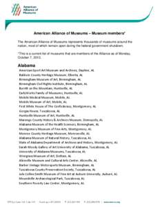 American Alliance of Museums – Museum members* The American Alliance of Museums represents thousands of museums around the nation, most of which remain open during the federal government shutdown.