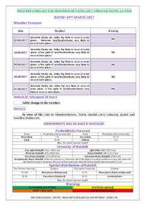 WEATHER FORECAST FOR MANSAROVAR YATRA 2017 THROUGH NATHU-LA-PASS DATED: 03RD AUGUST 2017 Weather Forecast: Date