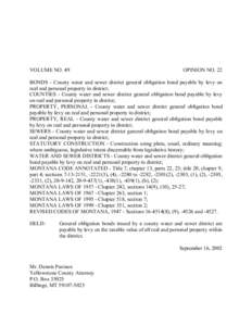 VOLUME NO. 49  OPINION NO. 22 BONDS - County water and sewer district general obligation bond payable by levy on real and personal property in district;