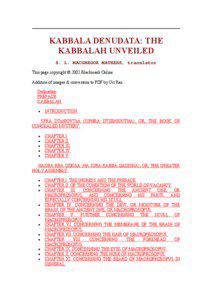 KABBALA DENUDATA: THE KABBALAH UNVEILED S. L. MACGREGOR MATHERS, translator