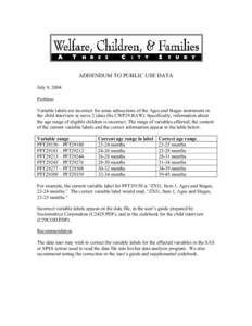 ADDENDUM TO PUBLIC USE DATA July 9, 2004 Problem Variable labels are incorrect for some subsections of the Ages and Stages instrument in the child interview at wave 2 (data file CWP29.RAW). Specifically, information abou