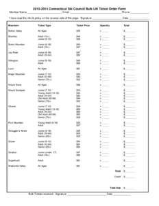 [removed]Connecticut Ski Council Bulk Lift Ticket Order Form Member Name ________________________ Email ____________________________________Phone _____________ I have read the info & policy on the reverse side of this p