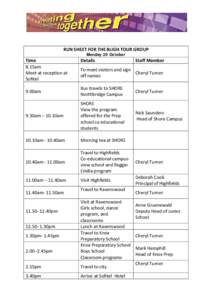 RUN SHEET FOR THE BLIGH TOUR GROUP Monday 20 October Time 8.15am Meet at reception at