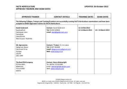 FACTS HORTICULTURE APPROVED TRAINERS AND EXAM DATES APPROVED TRAINER  UPDATED: 26-October-2012