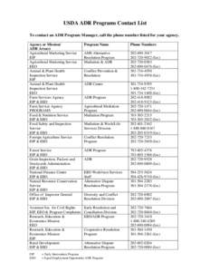 USDA ADR Programs Contact List To contact an ADR Program Manager, call the phone number listed for your agency. Agency or Mission/ ADR Area(s) Agricultural Marketing Service EIP