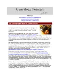 Genealogy Pointers June 30, 2015 In This Issue June is 