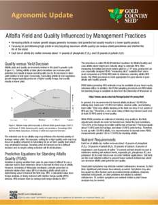    Alfalfa Yield and Quality Influenced by Management Practices • Harvesting alfalfa at mature growth stages generally increases yield potential but usually results in a lower quality product. • Focusing on just obt