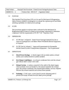 Mine Safety and Health Administration (MSHA) - Standard Test Procedure – Diesel Power Package Explosion Tests