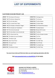 LIST OF EXPERIMENTS  ELECTRONIC 30-IN-ONE PROJECT LAB CIRCUIT #1: The Wonder of The Sound  CIRCUIT #16: The Burglar Alarm