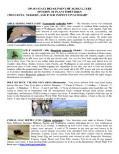 IDAHO STATE DEPARTMENT OF AGRICULTURE DIVISION OF PLANT INDUSTRIES 1998 SURVEY, NURSERY, AND FIELD INSPECTION SUMMARY APPLE ERMINE MOTH (AEM) (Yponomeuta malinellus Zeller) - This detection survey was conducted under a g