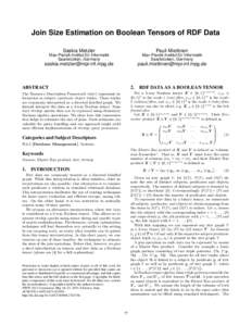 Join Size Estimation on Boolean Tensors of RDF Data Saskia Metzler Pauli Miettinen  Max-Planck-Institut für Informatik