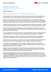 News Release Minister Ian Hunter Minister for Sustainability, Environment and Conversation Wednesday, 4 March, 2015