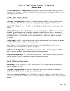 SUBSTANTIVE CHANGE COMMITTEE ACTIONS Spring 2014 At its March 6 and May 8, 2014 meetings, the Committee on Substantive Change of the Accrediting Commission for Community and Junior Colleges, Western Association of School