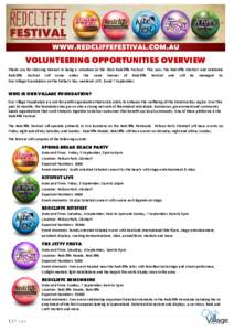 VOLUNTEERING OPPORTUNITIES OVERVIEW Thank you for showing interest in being a volunteer at the 2014 Redcliffe Festival. This year, the Redcliffe KiteFest and Celebrate Redcliffe Festival will come under the same banner o