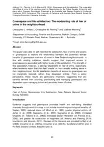 Ambrey, C.L., Fleming, C.M. & Manning MGreenspace and life satisfaction: The moderating role of fear of crime in the neighbourhood. In: Opportunities for the Critical Decade: Enhancing wellbeing within Planetar