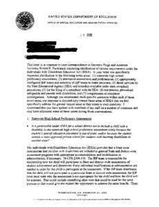 UNITED STATES DEPARTMENT OF EDUCATION O F F I C E OF SPECIA L EDUCATION AND REHABILITATIVE S E R V I C E S[removed],-1  This letter is in response to your correspondence to Secretary Paige and Assistant