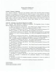 ENROLLMENT O RDINANCE  Ordinance # [removed]I Ar ticle r. Purpose; Authority[removed]Purpose; Authority. Pursuant to the aut hor ity vested in the Little River Band of Ottawa Indians by its Constitution, and particularly b