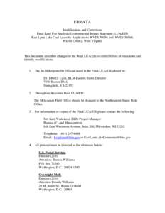 ERRATA Modifications and Corrections Final Land Use Analysis/Environmental Impact Statement (LUA/EIS) East Lynn Lake Coal Lease by Applications WVES[removed]and WVES-50560, Wayne County, West Virginia