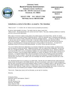 Skamania County  Board of County Commissioners Skamania County Courthouse PO BOX[removed]NW Vancouver Avenue Stevenson, WA 98648
