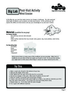 Big Lab Post-Visit Activity Wind Erosion In the Big Lab, you saw how water erosion can change a landscape. You also explored what types of objects, such as plants, can help stop erosion. In this activity you will explore