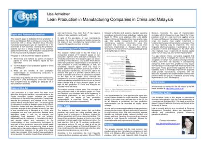 Lisa Achleitner  Lean Production in Manufacturing Companies in China and Malaysia Topic and Research Question This research paper is dedicated to lean production in