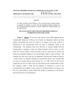 TWELFTH NORTHERN MARIANAS COMMONWEALTH LEGISLATURE Public Law[removed]THIRD REGULAR SESSION, 2001 H. B. NO[removed], CD1, SD1  AN ACT