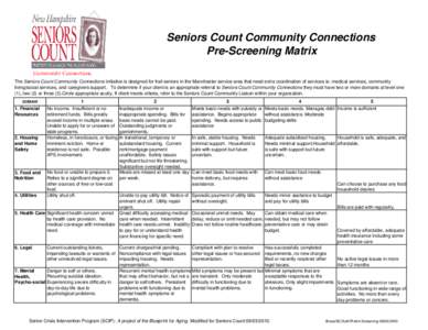 Seniors Count Community Connections Pre-Screening Matrix Community Connections The Seniors Count Community Connections initiative is designed for frail seniors in the Manchester service area that need extra coordination 